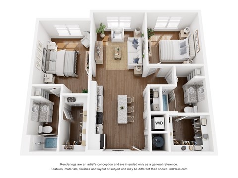 Floor plan for 2 beds, 2 baths, 1051 sqft